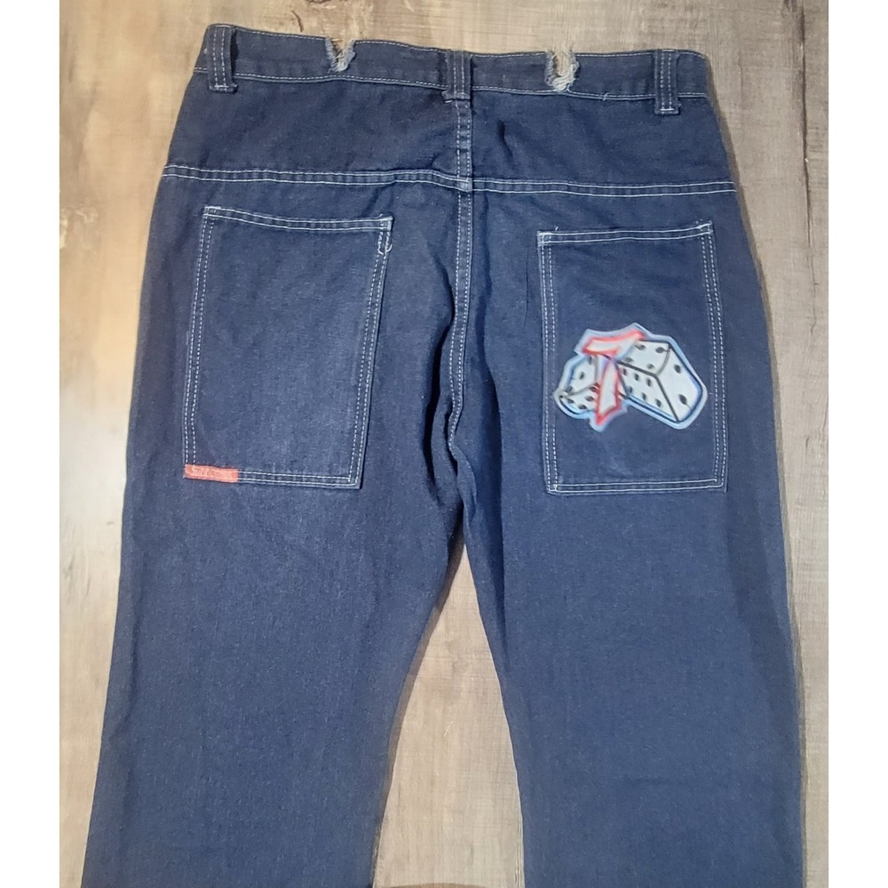 JNCO Lucky 7 Dice Jeans 34x26 Blue Denim Mid Rise Baggy Skater Y2K Rare Stretch - Picture 8 of 16